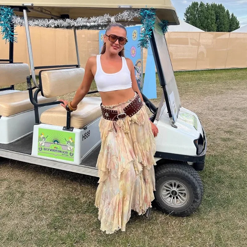 

Tie Dye Print Ruffles A-line Vacation Maxi Skirts Women Fashion Elastic Waist Casual Streetwear Bottoms All Matching Outfits