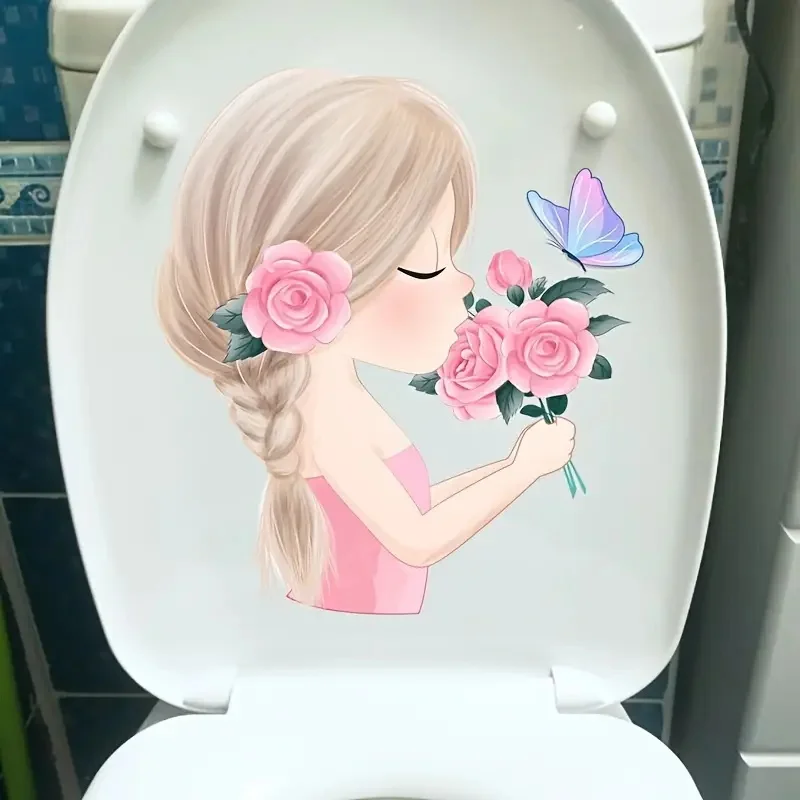 

Hand-painted Girls With Flower Wall Sticker, Creative Bathroom Waterproof Toilet Decal for Refrigerator,Window
