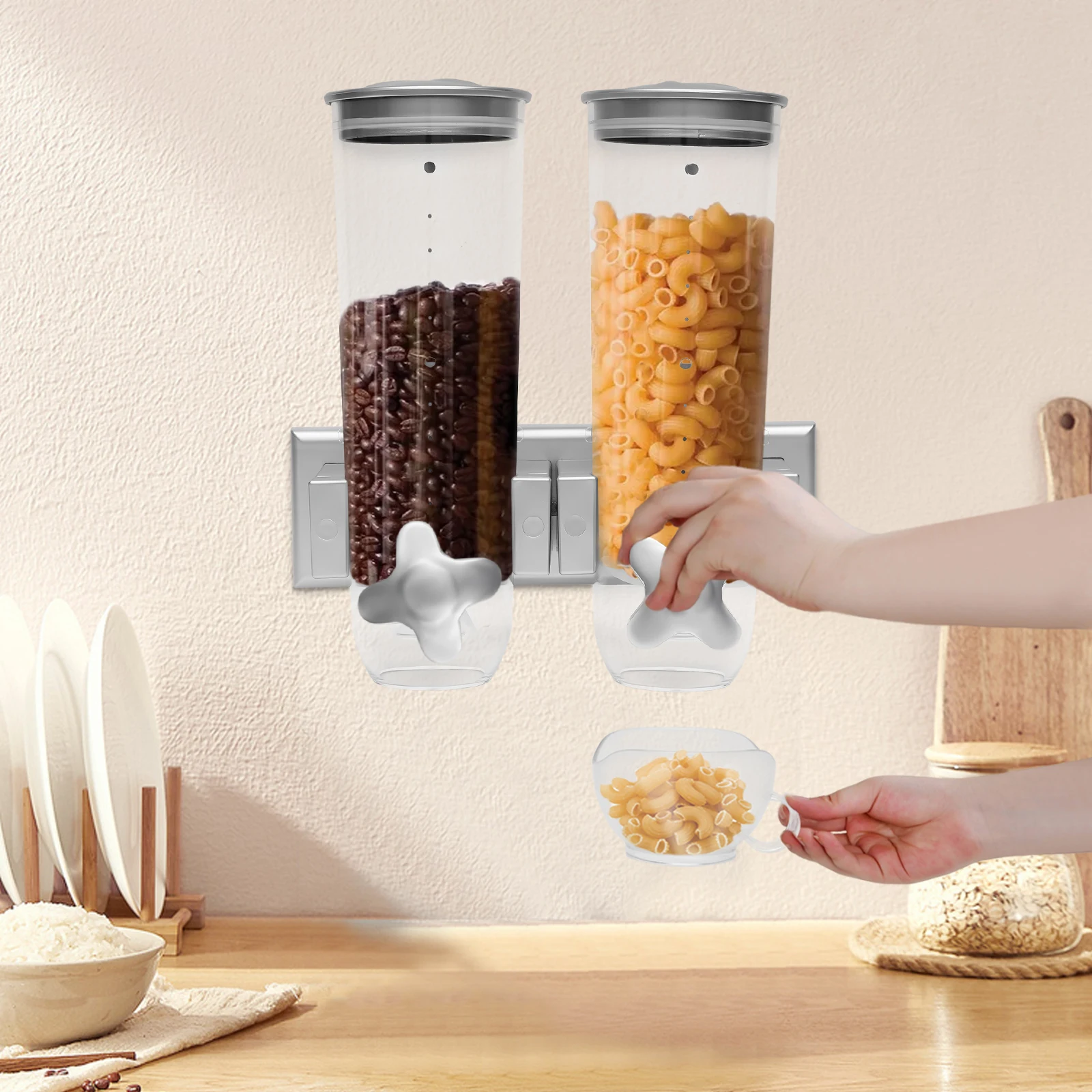 Dispensador de alimentos de montaje en pared, 3L, doble cubo, almacenamiento de alimentos secos, Control de porciones para granos de arroz, organizador de cocina que ahorra espacio