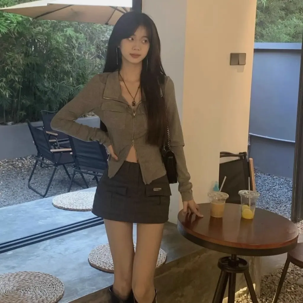 

Women's Slim Fit Short Cardigan Pilot Gray High Grade Coat Pure Top for Hot Girls Fashionable Female Outerwear