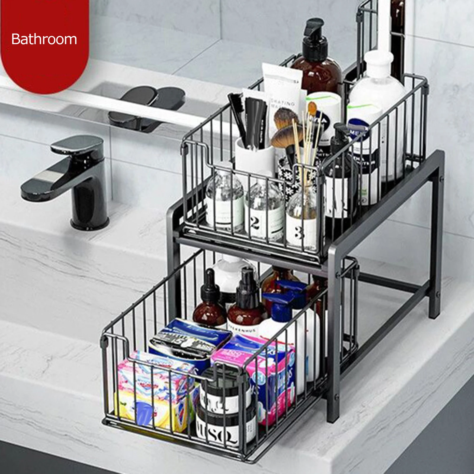 Organizzatore per mobili con cassetti estraibili, sistema di scaffalature impilabili per l’angolo sotto il lavello, scaffale a due livelli, versatile per cucina e bagno.