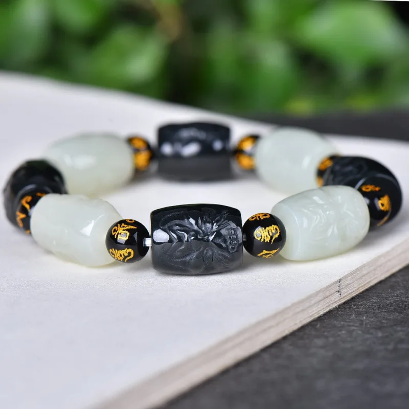 Natural Hotan Jade Auspicious Buddha Multi-Treasure Bracelet, Fashionable And Versatile