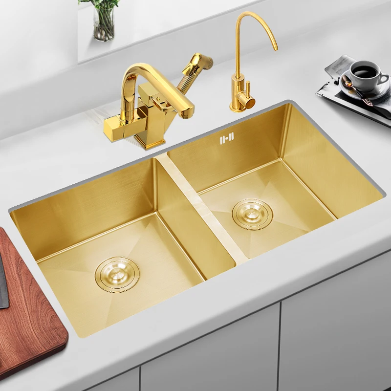 Golden nano sink undercounter basin double sink large as 304 stainless steel thickened kitchen sink dish basin for household use