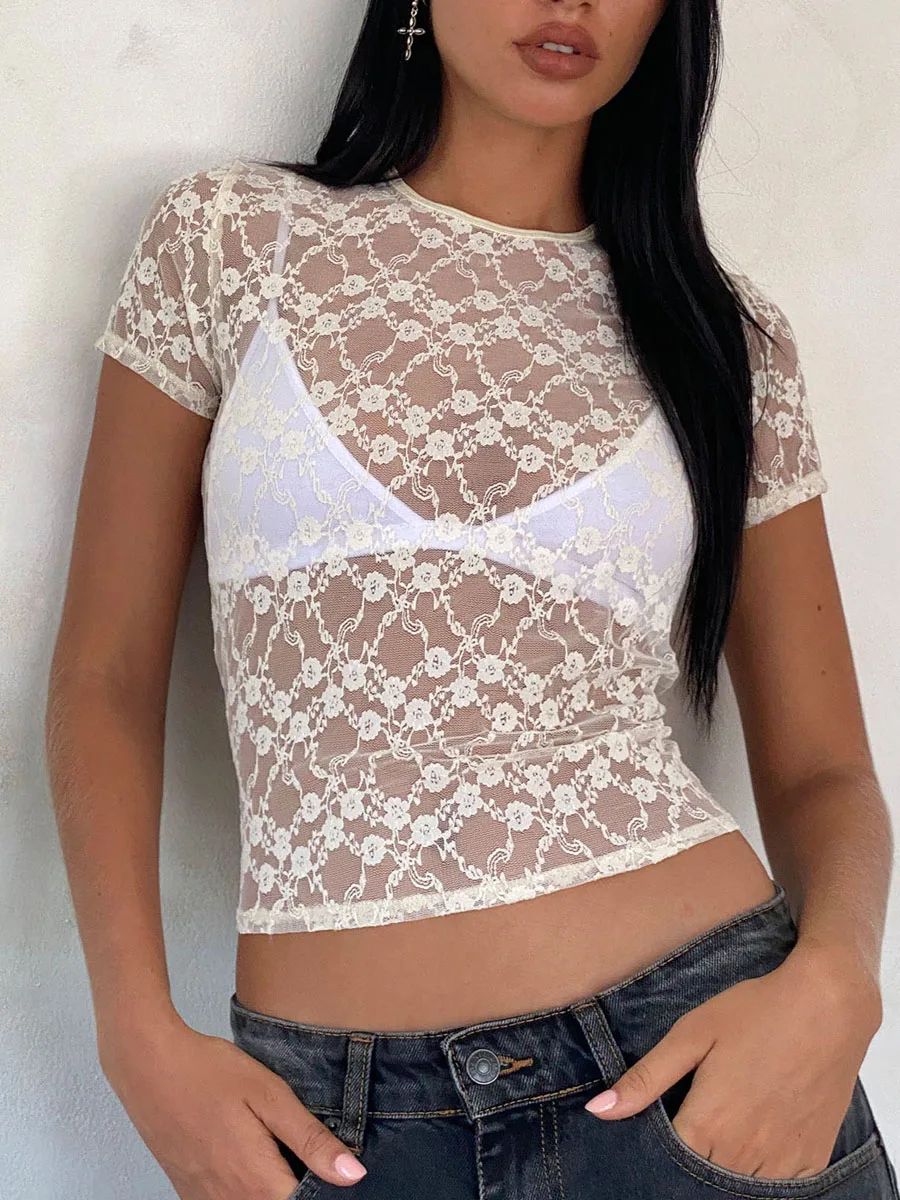 

Women Sexy Sheer Lace Crop Top Coquette Summer Short Sleeve Crew Neck Slim Fit Short T-Shirt Solid Baby Tee Club Streetwear y2k