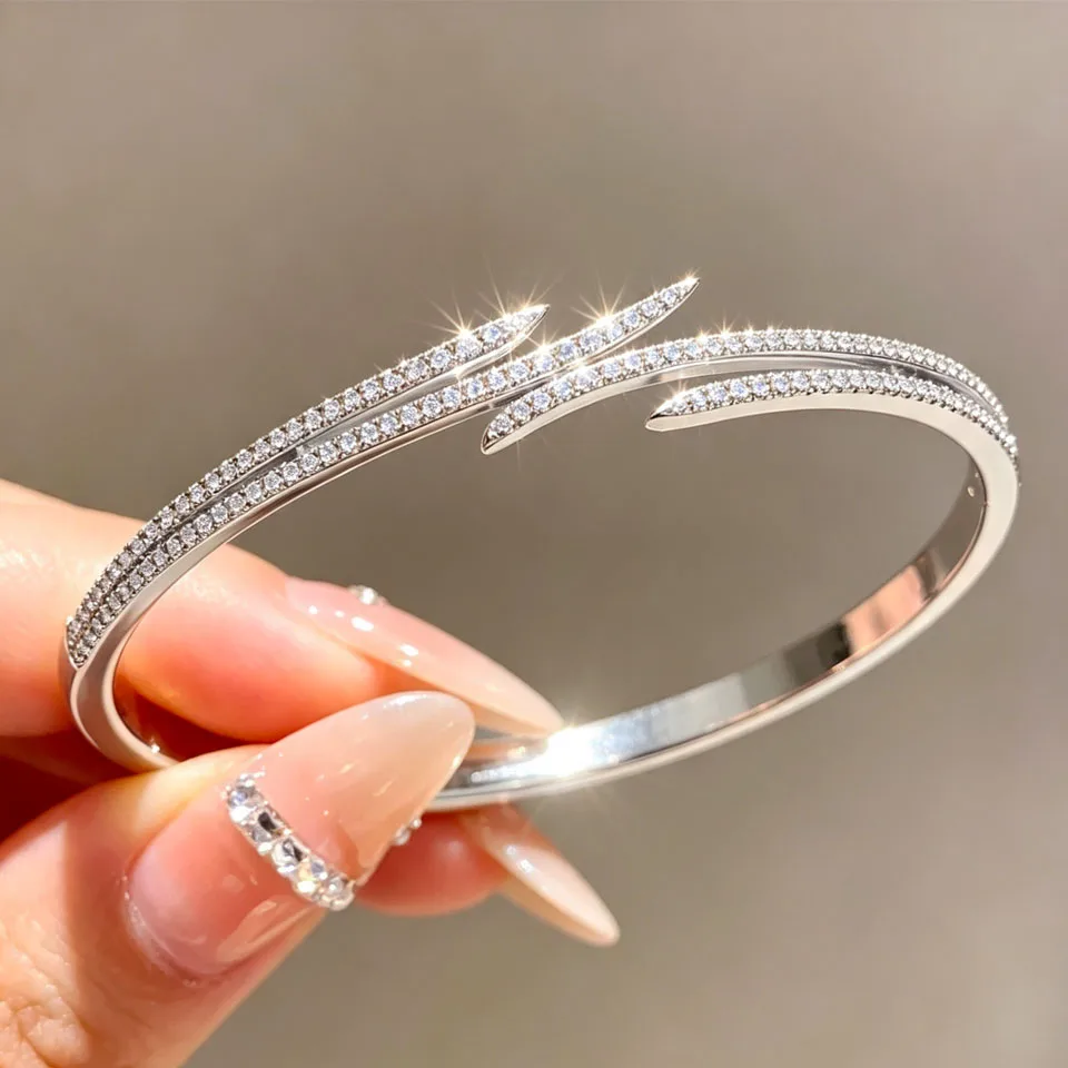 Yupsk Classic Full Zirconia Wing Shape Bracelet For Women Opening And Closing Buckle Cuff Bangles Wedding Party Jewelry