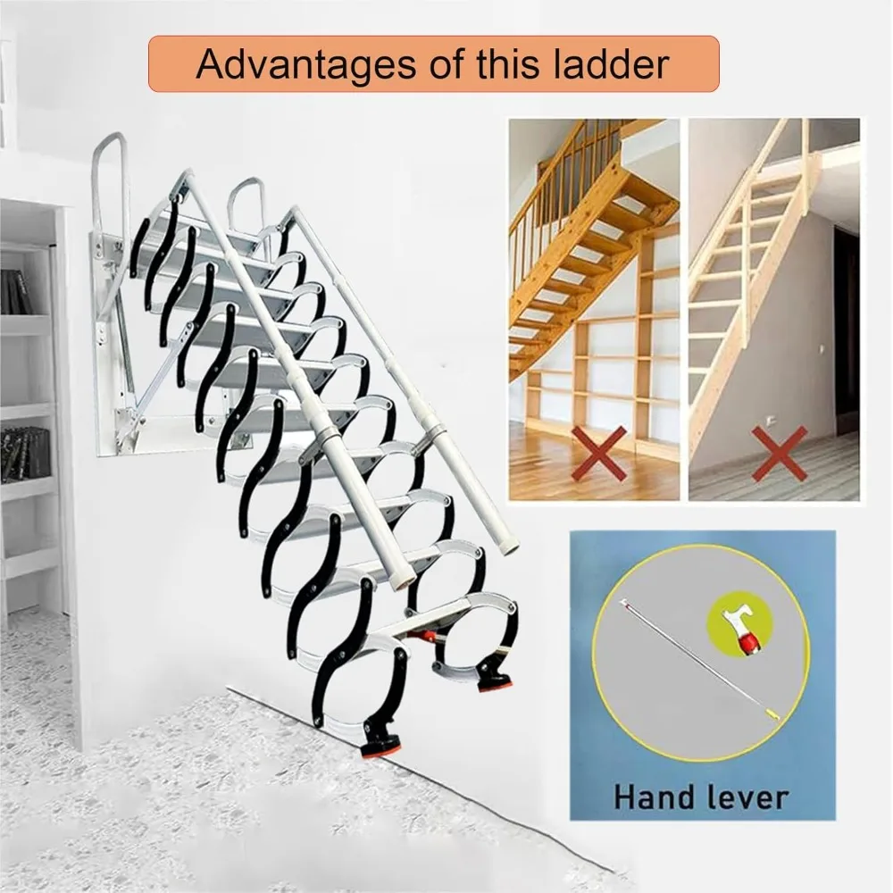 سلالم علية قابلة للطي مثبتة على الحائط: سلم علوي قابل للسحب بطول 11 خطوة وأوسع 4 بوصة مع درابزين مزدوج للوصول إلى الارتفاع #3