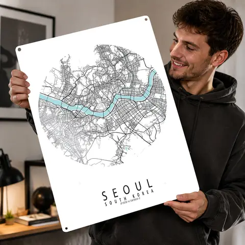 Seoul City Map South Korea Circle 3D Texture Printed Poster Custom Vintage Metal Tin Plate Sign for Wall Art Room Accessories