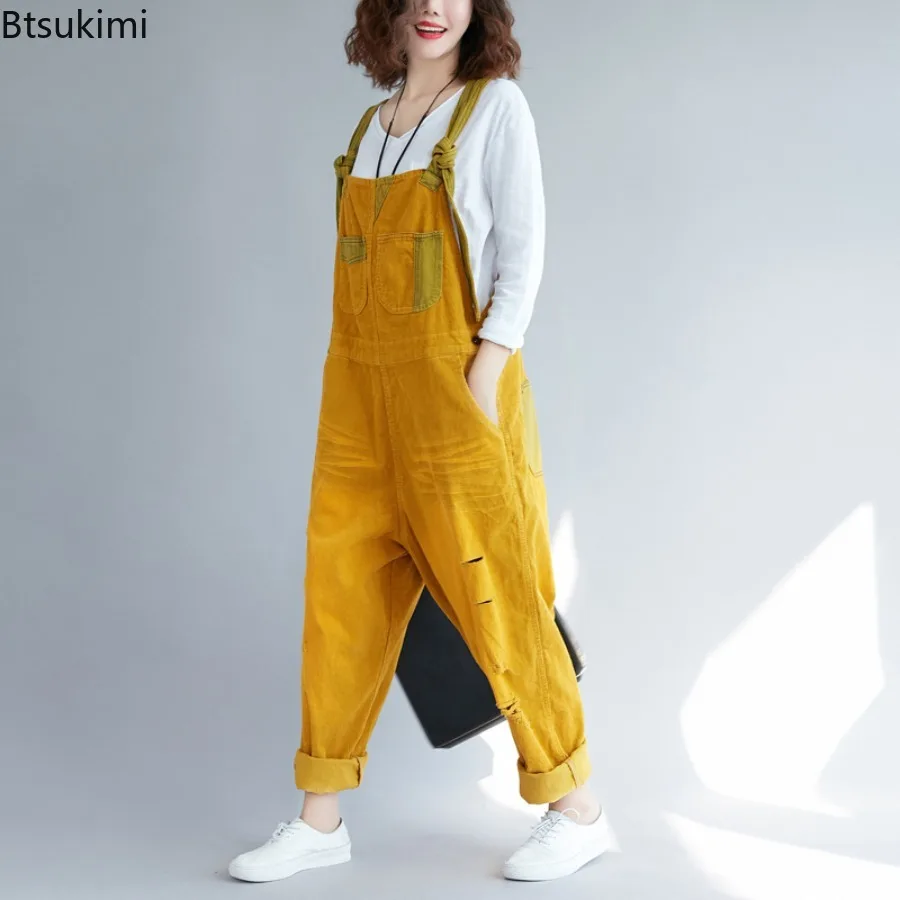 

New Fashion Streetwear Women's Spring Autumn Corduroy Jumpsuits Multi Pockets Splice Design Women Rompers Vintage Loose Overalls