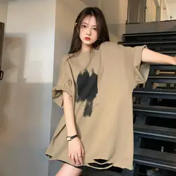 Camiseta de gran tamaño para mujer, Tops de cuello redondo y manga corta con estampado, jerséis versátiles, moda coreana