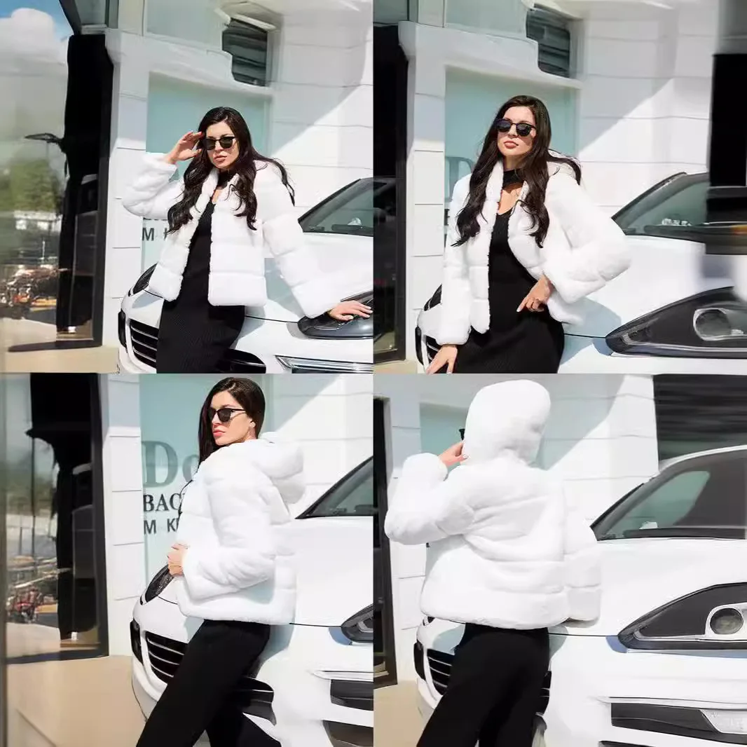 KIDCRKJ femmes hiver Imitation vêtements d'extérieur élégant fourrure garniture capuche mince Faux manteau pour femme trajet décontracté dame veste