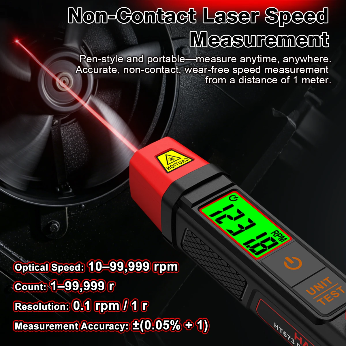 HT673 Stiftförmiger Laser-Tachometer Berührungsloser Drehzahlmesser 10-99999 U/min Dualer RPM- und Zählermodus 0,1 U/min Auflösung Digitaler Geschwindigkeitsmesser – Detail 7