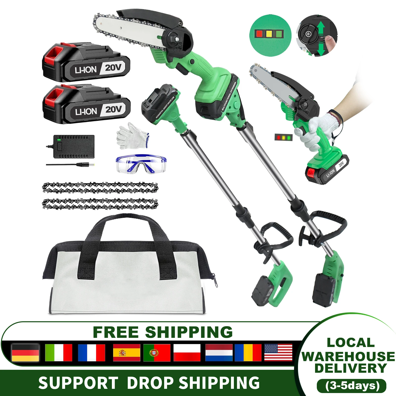 20V Cordless 2-in-1 Pole Saw DIY Grade Chainsaw With Long Pole for Wood Cutting,Local US Warehouse