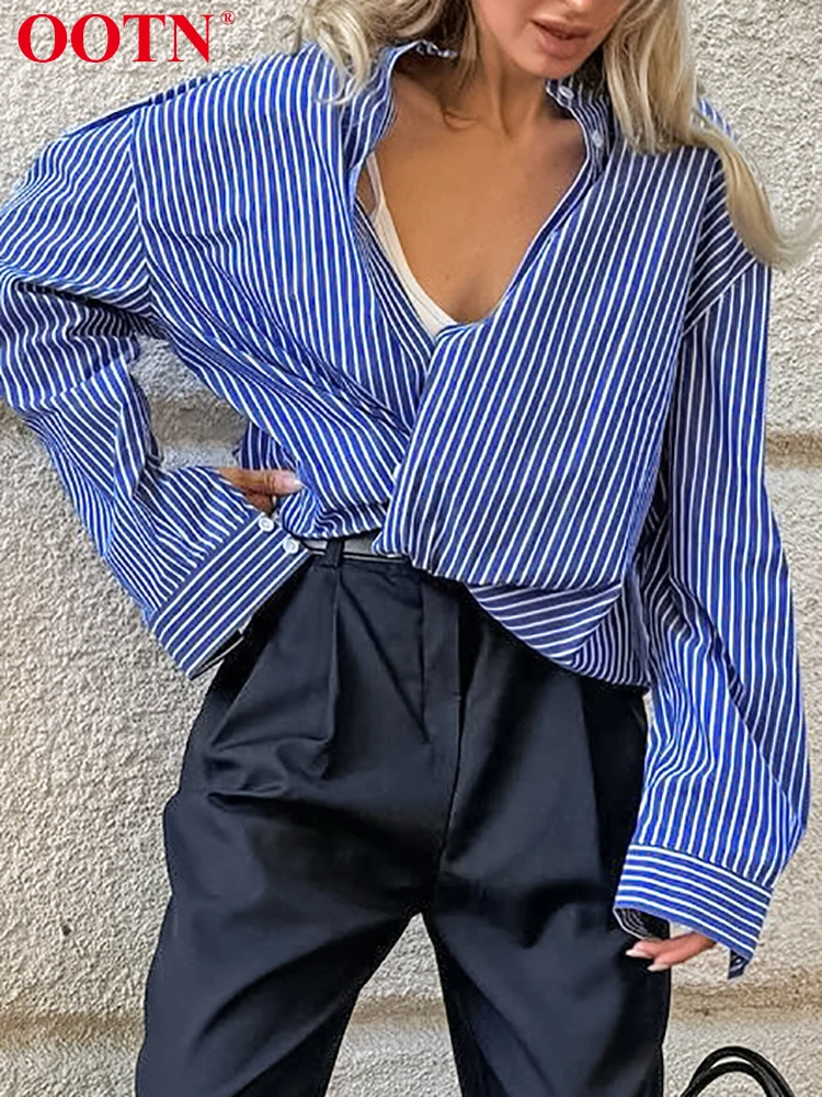 OOTN Blue Stripe Blouse Woman Casual Long Sleeve Shirts Female Office Single Breasted Summer Fashion Turn Down Collar Top 2024