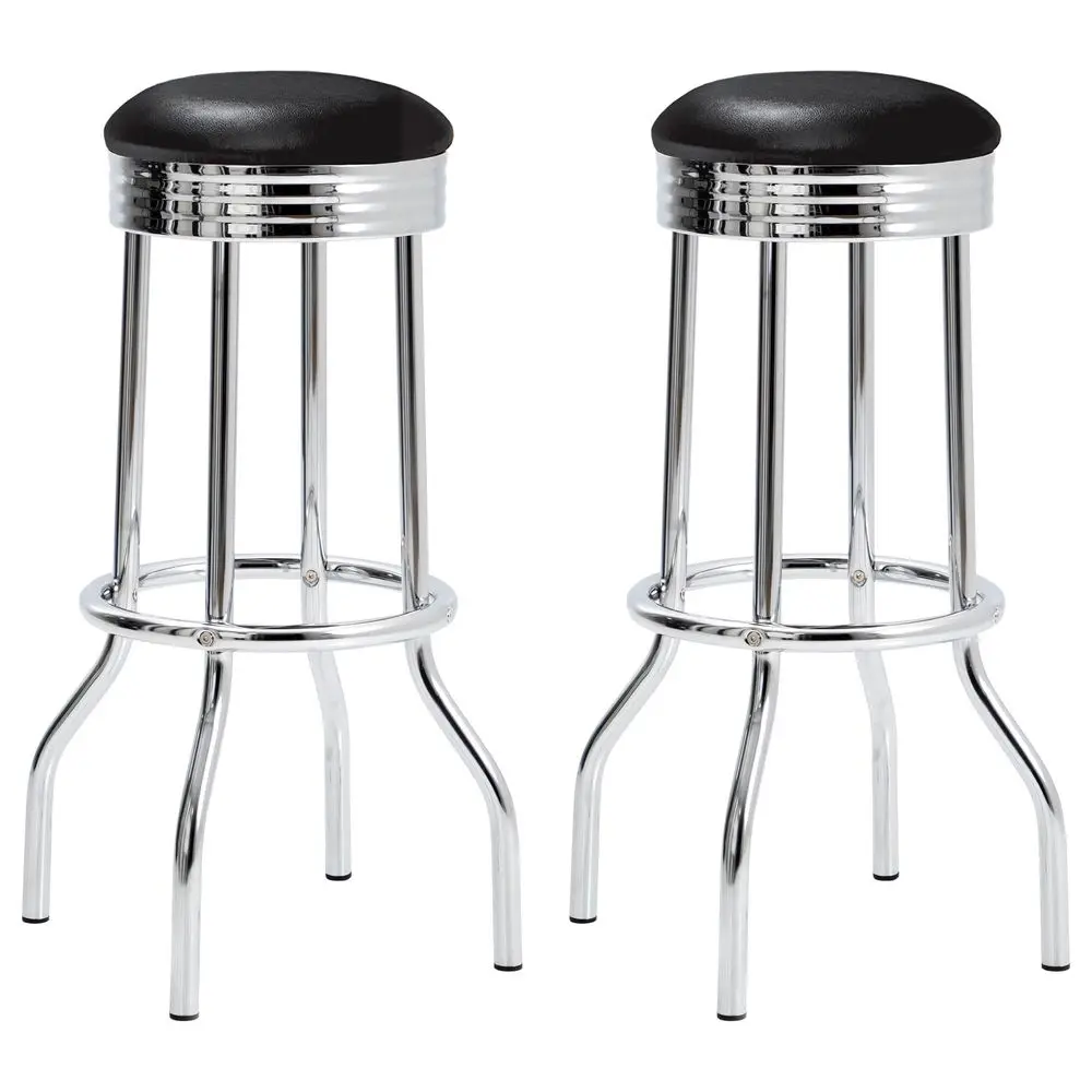 

Home Furnishings Retro Set of 2 Upholstered Swivel Bar Stools Chrome Bar Stools with Black Leatherette Seats and Round Footrest