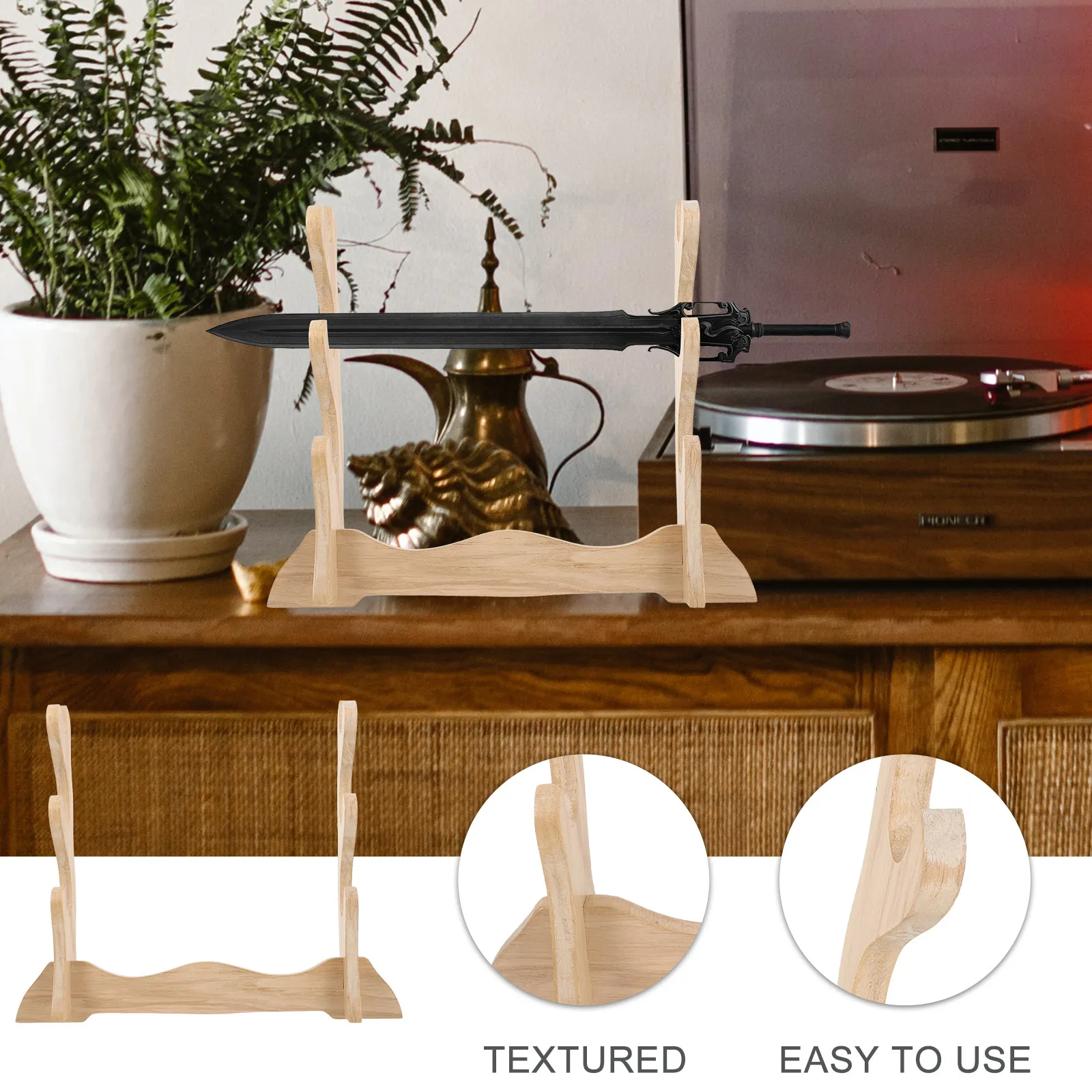 3-Layer Wooden Rack Wall Mount Display Stand for Swords Home Decor Living Room Bedroom Study Game Room Holder