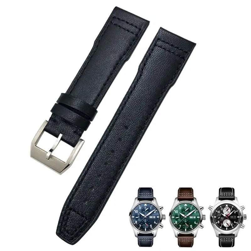 TINTAG 20mm 21mm Cowhide Leather Watchband Suitable For IWC Pilot Watches Portugieser Bracelets Mark 18 Soft Blue Strap