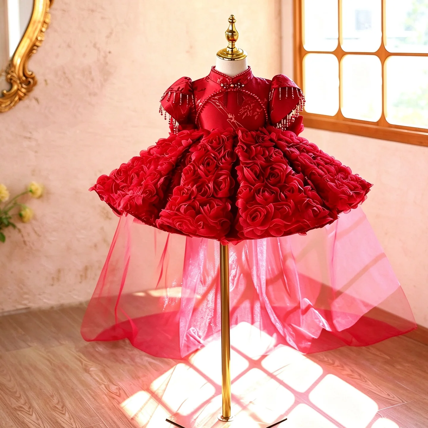 Jill Wish J922 Red Flower Girl Dresses Wedding Oriental Cheongsam Kids Ball Gown Rose Flower Beads Tassel Sleeve Pageant Dress