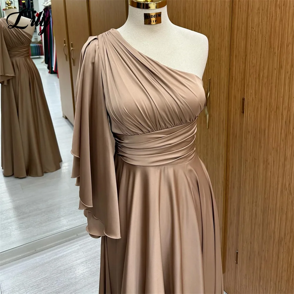 Lily Champagn Evening Dress One-Shoulder Flared Sleeve Satin Party Dress With Pleats Vestidos De Noche Floor Length Prom Dress