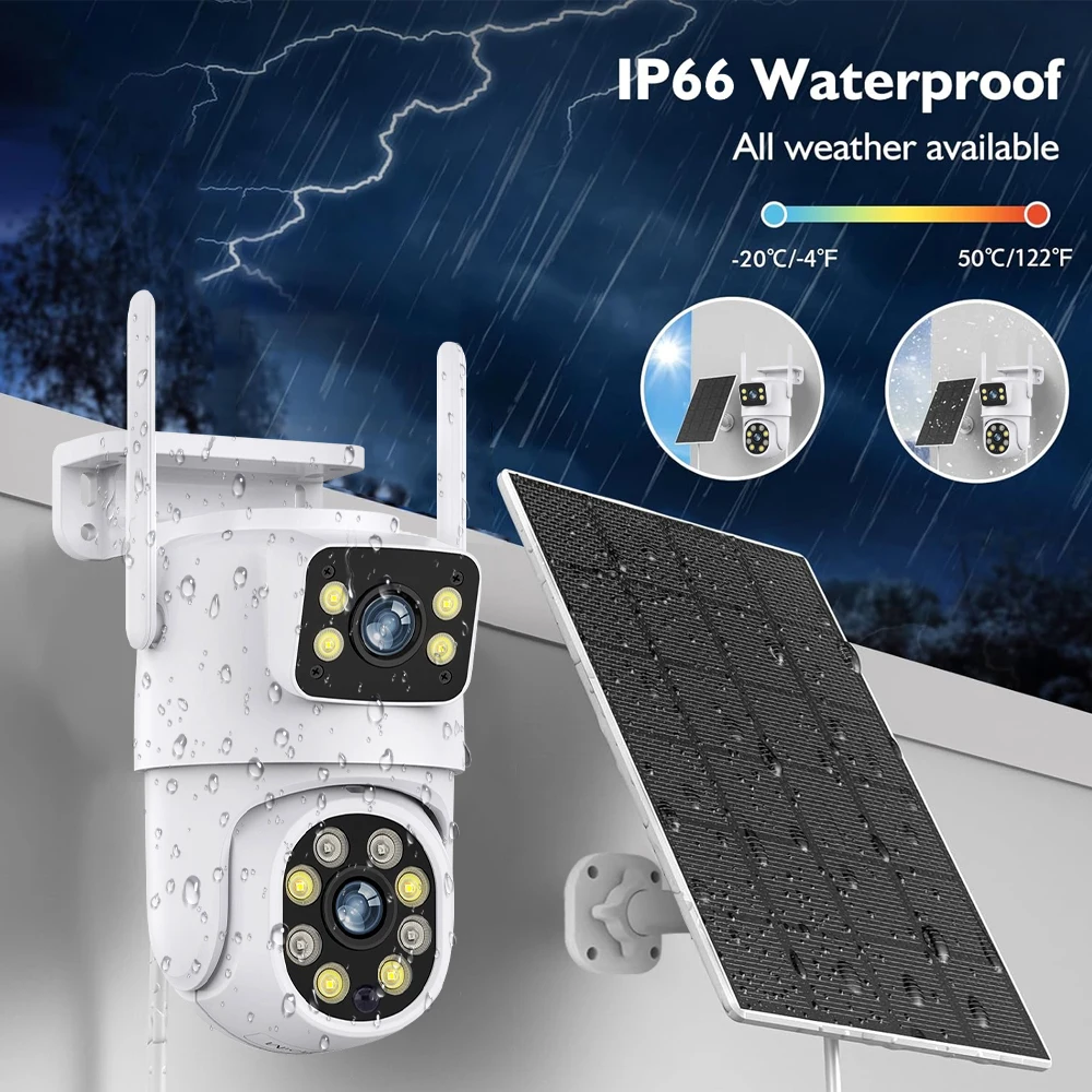 Tuya 4mp bateria de lente dupla solar wifi fhd tela dupla rastreamento de movimento humano proteção de vigilância de segurança ao ar livre câmera ptz