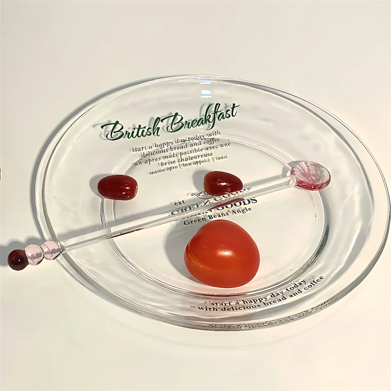 Nordic-Style Transparent Glass Circular Flat Plates Simple Letter Design for Fashionable Household Dessert Fruit & Bread Dishes