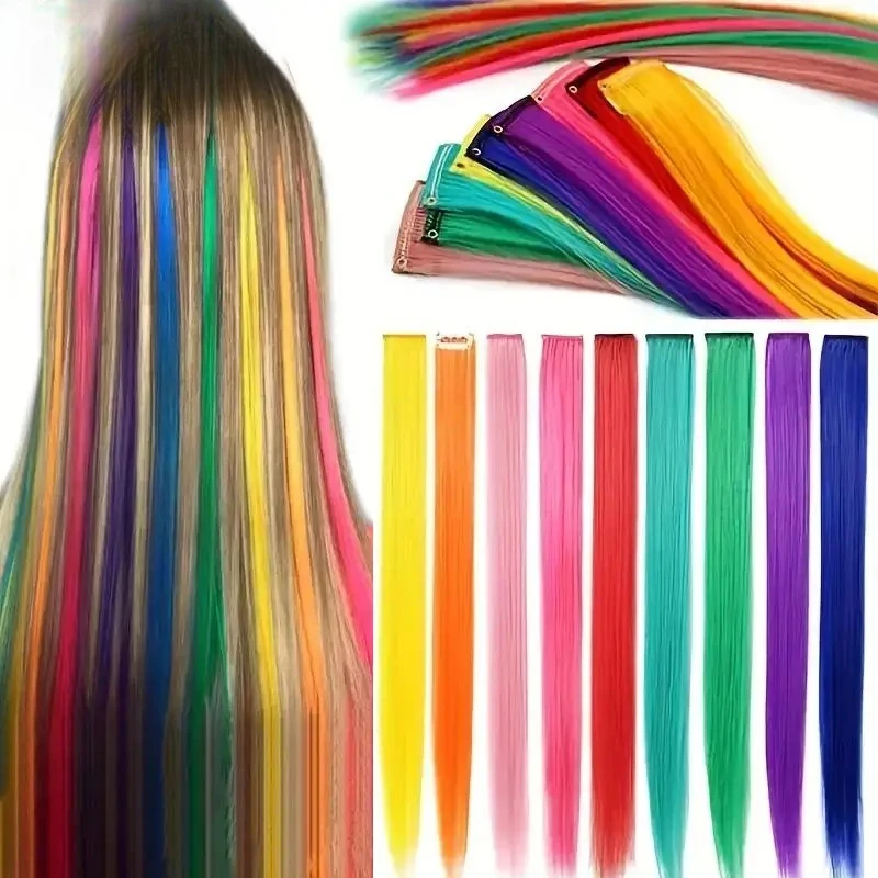 

10PCS/Pack Synthetic Colored Party Highlights Clip in Hair Extensions for Girls Omber Colors Long Straight Hairpieces