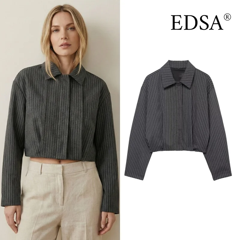 

EDSA Women Striped Cropped Bomber Jacket Turn-down Collar Spring Summer Short Coat Outerwear