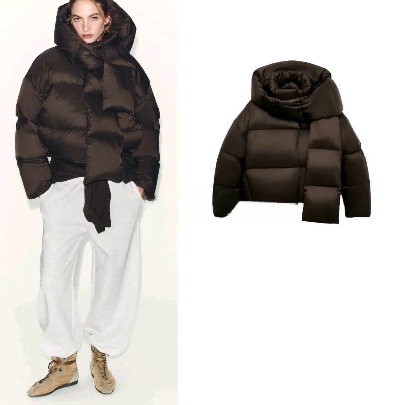 

Winter New Women's Cotton Jacket with Detachable Hood Long Sleeve Stand Collar Coat Pocket Design Scarf Included 4749820