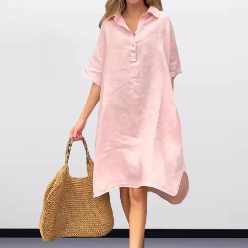 

Relaxed Fit Dress Elegant Knee-length Summer Dress with Turn-down Collar Irregular Hem A-line Midi Dress for Casual Daily Wear