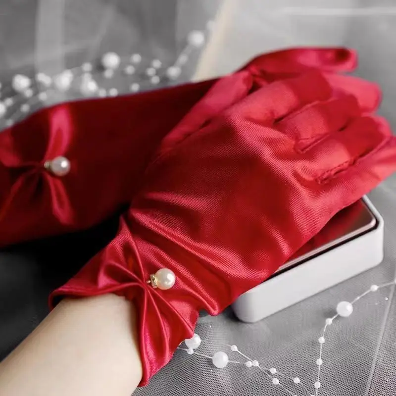 Elegant Satin Wedding Dress Bridal Red Short Gloves Retro Pearl Bow Women Photograph Prom Etiquette Performance Accessories