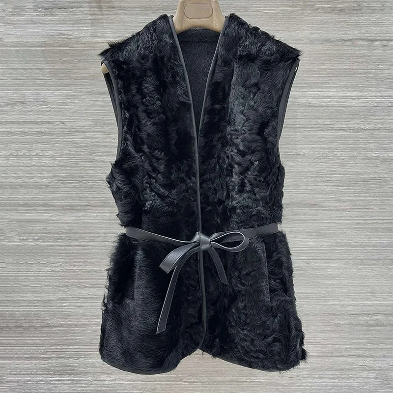 

High-quality fall-winter women's fur-coated one-piece mid-length vest with genuine leather trim and drawstring 251020129
