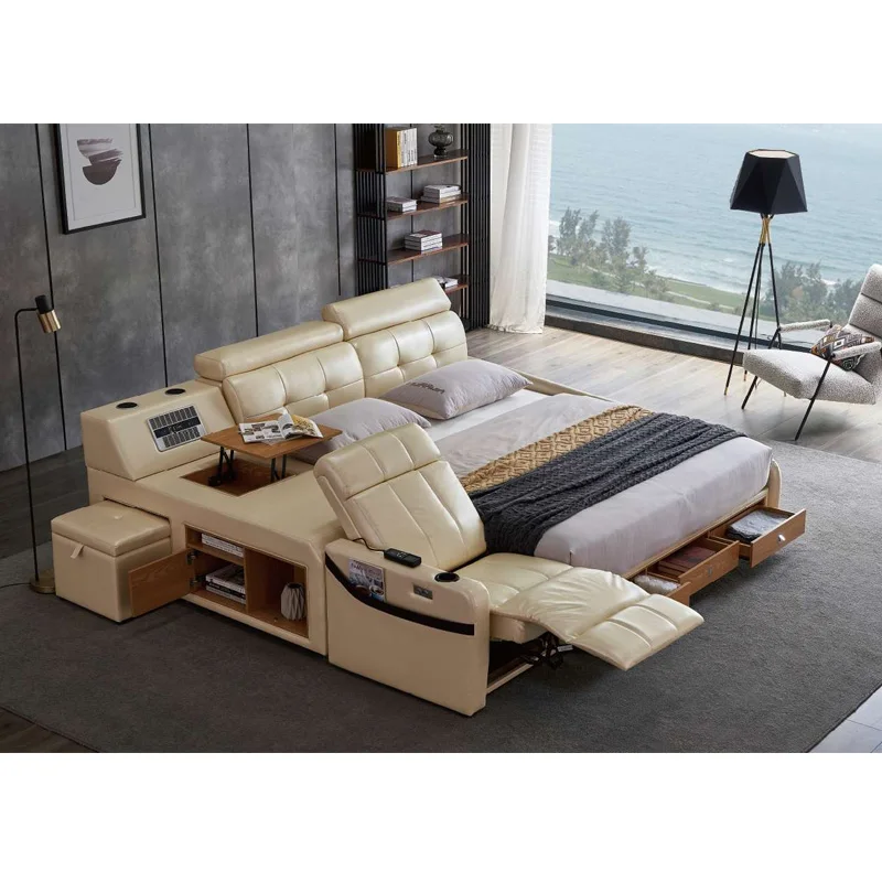 

Luxus Schlafzimmer möbel Modernes Queen-Size-Bett mit Einzel massage stuhl verstellbares Smart Storage-Bett Leder weiches Bett