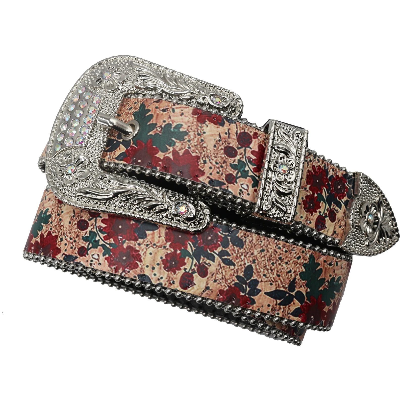 Brand Y2K Belt Leather Elastic Binding Embellished Waistband Sparkling Red Flowers Print Rhinestone Decoration Accessories