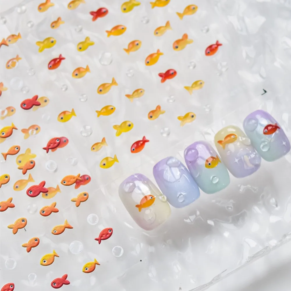 1 folha 5d em relevo geléia peixinho dourado koi etiqueta do prego decalques auto-adesivo vermelho amarelo peixe bolha arte do prego sliders manicure adesivo
