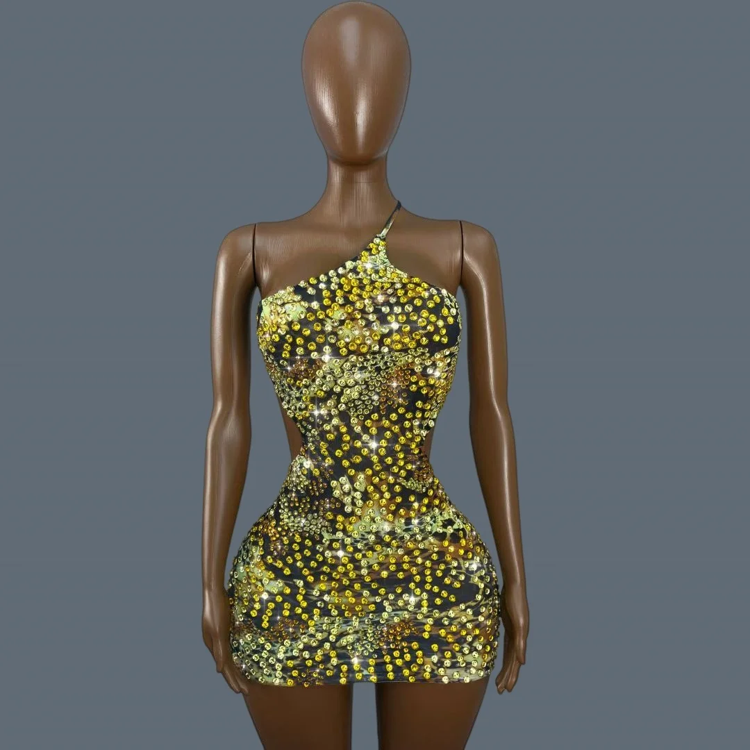 

Sexy Women Sparkly Rhinestone Spandex Mini Dress Summer Party Cocktail Dress Birthday Party Chic Outfit Club Show Wear Hubaoqun