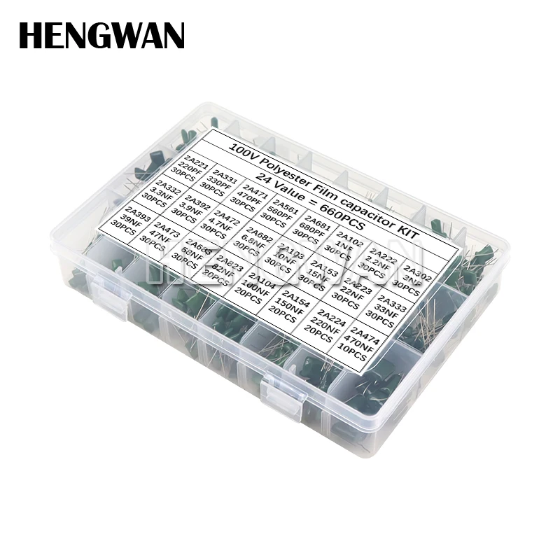 

660pcs 24Values Polyester Film Capacitor Assortment Kit 100V 2A471J 2A102J 2A103J 2A223J 2A104J 2A154J 2A474J Capacitance Set