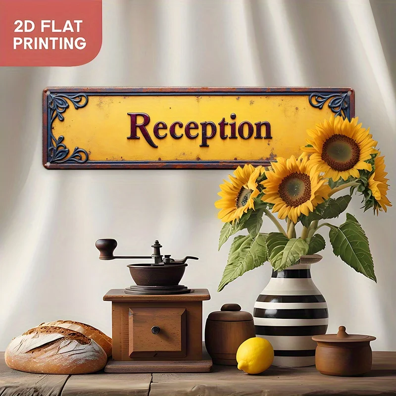 Flaches, großes, verziertes Empfangsschild im Vintage-Stil von 2D – Willkommens-/Empfangsschild aus robustem Aluminium mit goldenem Schriftzug und dunklem B