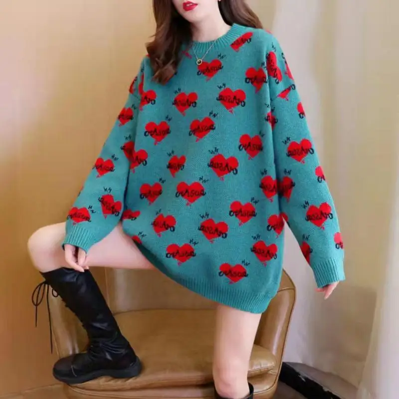 Autumn Winter Loose Oversized Woman's Sweater Harajuku Letters Heart-shaped Gentle Knittshirt Green Pullover Fashion Female