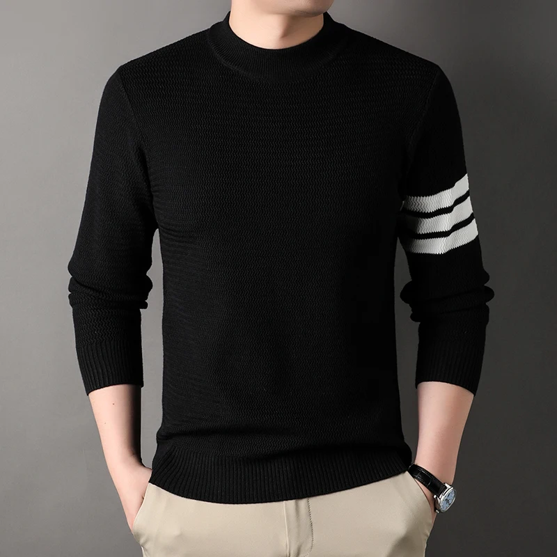 High end brand men\'s round neck knitted sweater autumn winter fashion Korean style light luxury striped design warm pullover