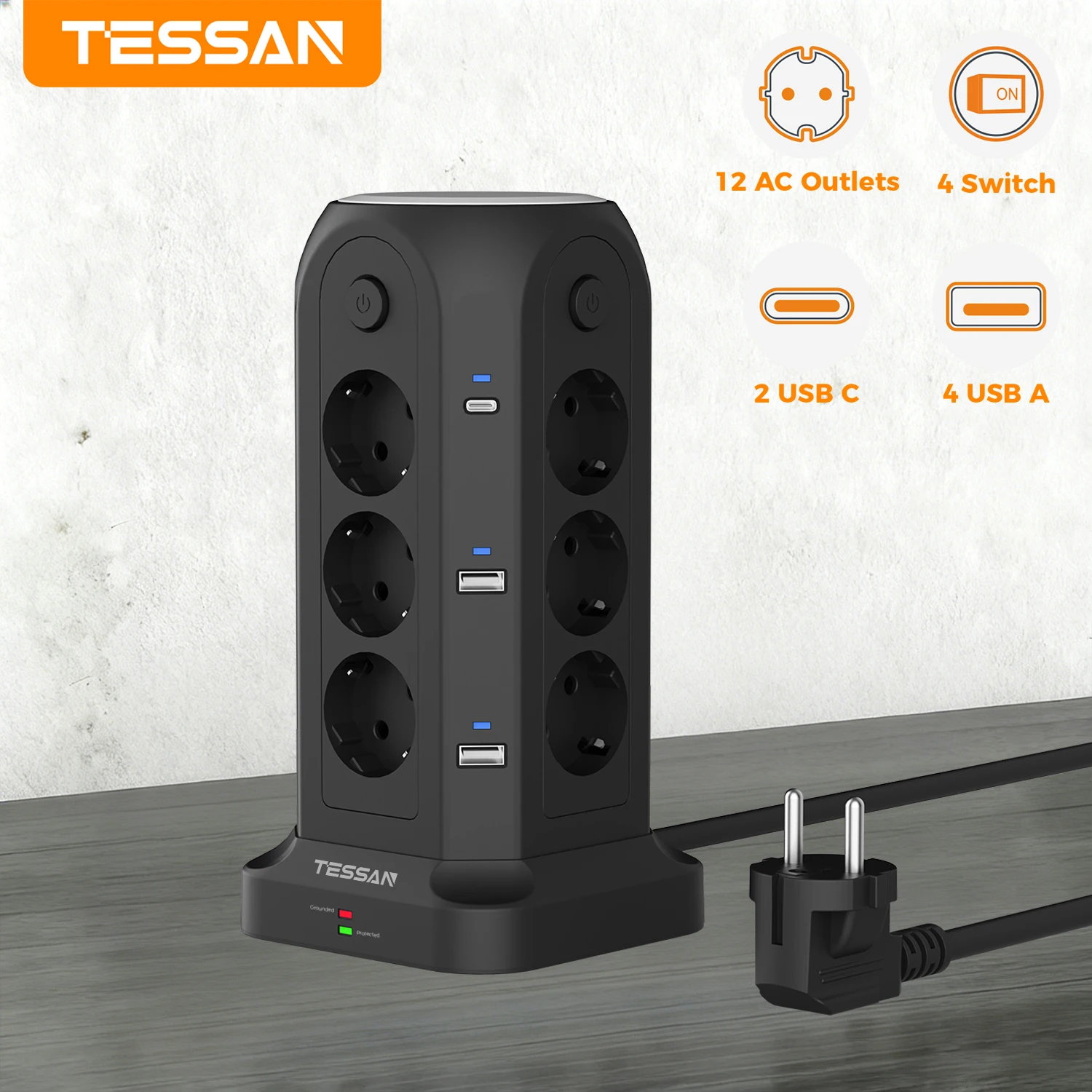 Multiprise TESSAN avec 12 prises, 6 ports USB, 4 interrupteurs individuels, prise EU, rallonge de 2 m, protection contre les surtensions