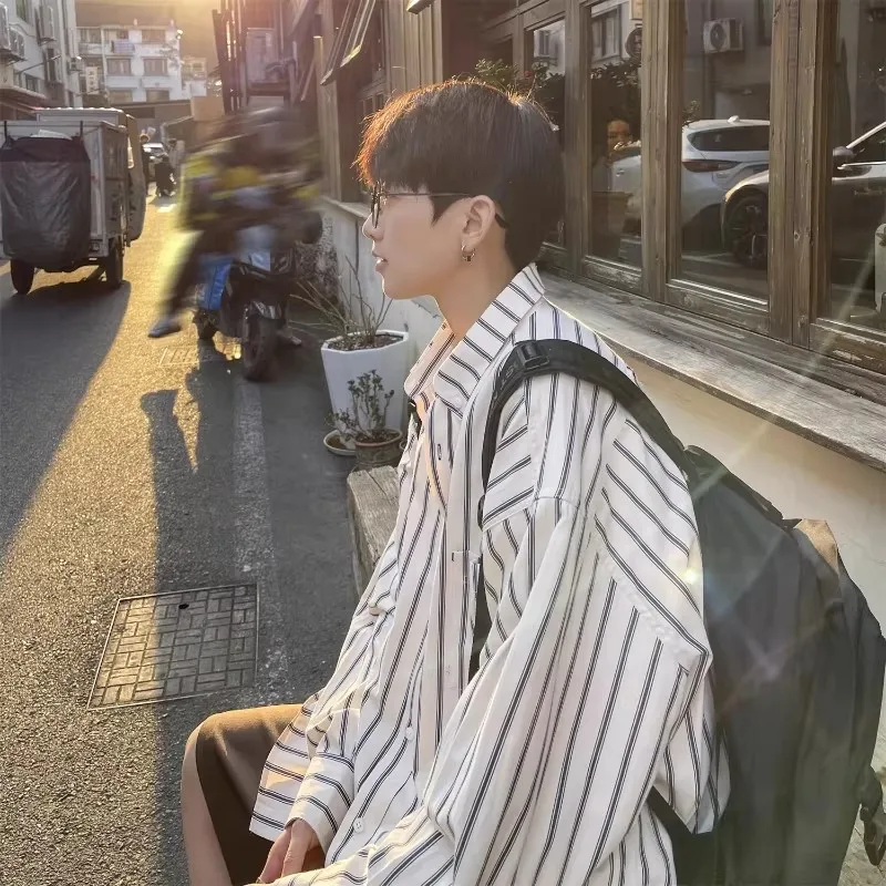 

Summer Large Size Striped Long Sve Men's irt Loose Youth Casual Sle Polyester Fiber Warmth Outerwear Jaet for Teens