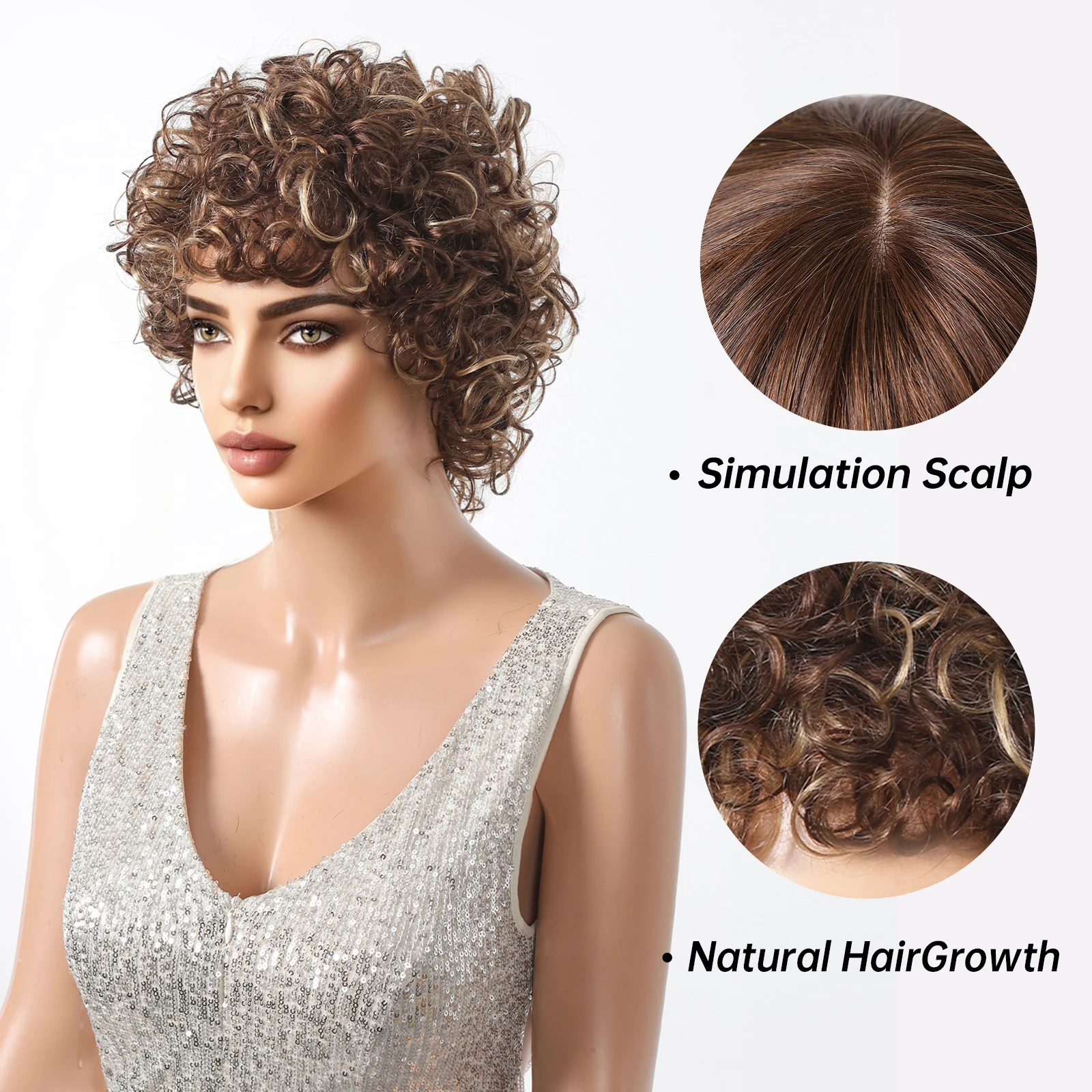 Human Hair Wigs Kinky Curly Short Bob Human Hair Wigs Machine Made Glueless Natural Wigs for Women Brown Mixed Golden Remy Hairs