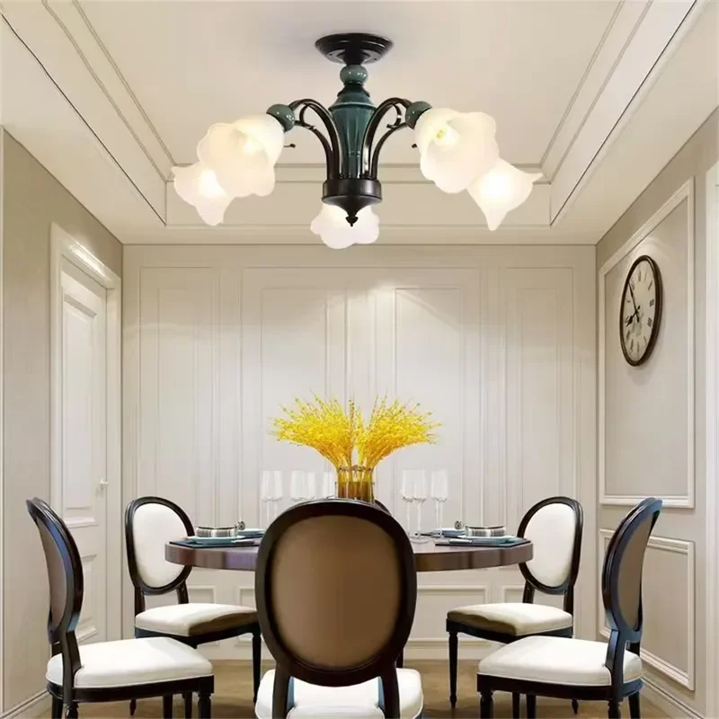 Vintage American Country 6 Light Iron Chandelier with Ceramic Base and Floral Glass Shades for Living Room Villa Hotel