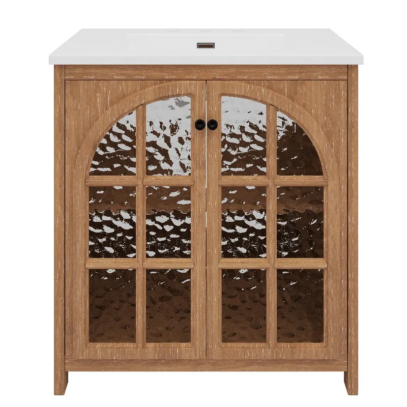 

30 Inches Bathroom Vanity with Ceramic Sink, Vintage Rustic Bathroom Cabinet with Bronze Pulls and 2 Soft-Closing Doors, Antique Natural