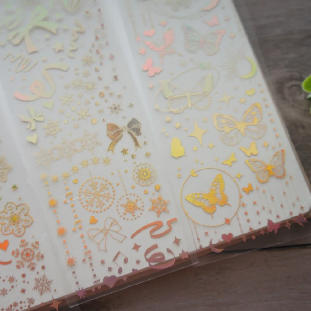 

3 Sheets Gold Laser Bow Moon Butterfly Pattern Design PVC Sticker As Gift Tag Birthday Wedding Gift Decoration Scrapbooking DIY