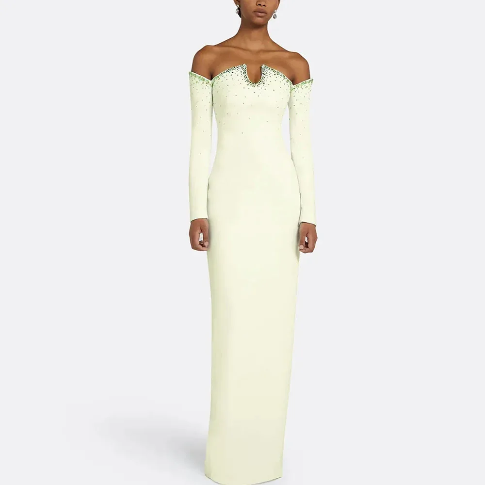 2026 Elegante Partykleider Damen Meerjungfrau/Trompeten-Schnitt Jersey Blassgelb Schulterfreies Formelles Abendkleid mit Kristallen Langes Kleid