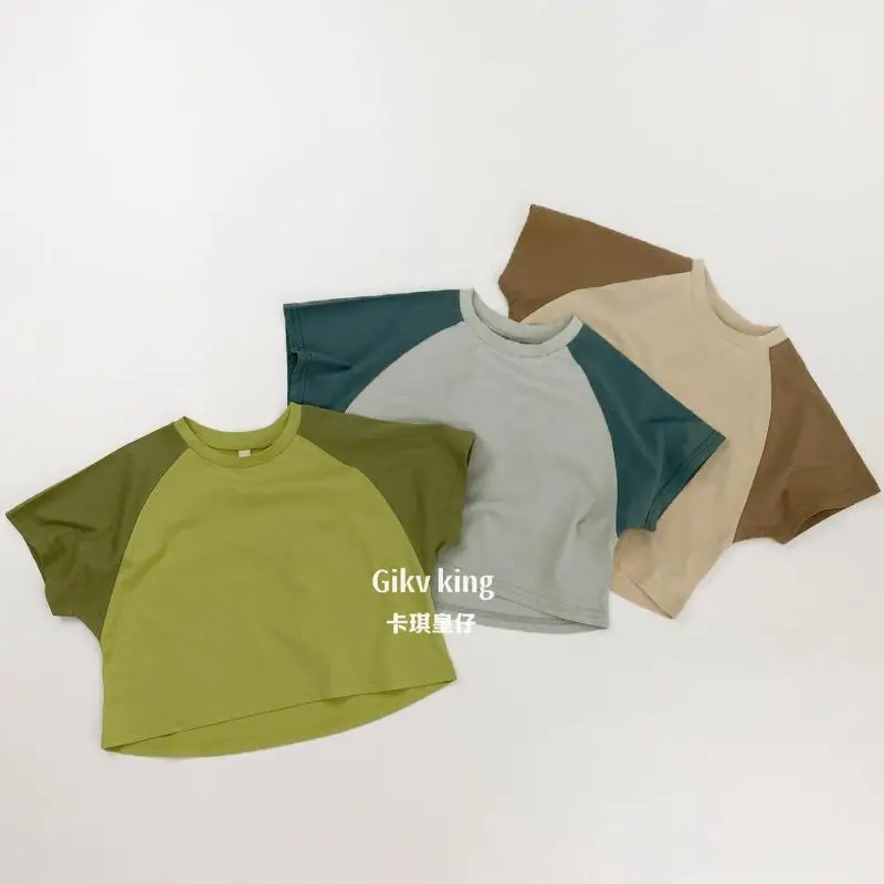 

2026 Summer New Children Short Sleeve T Shirts Boys Girls Solid Casual Tee Cotton Toddler Patchwork Tops Kids Clothes