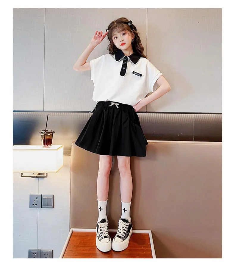 

2025 new children's summer baby girls short sleeve shirt pleated skirt set130 140 150 160 170cm 6-15YGirls summer suit