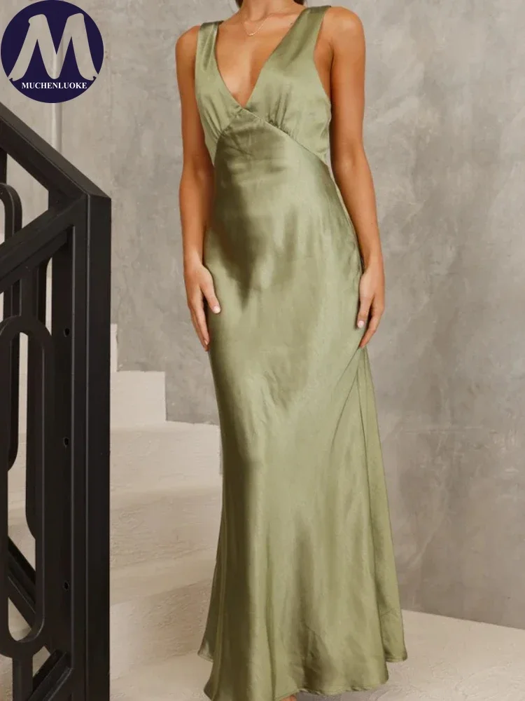 Elegante Damenkleider 2025, Sommer, neues sexy, ärmelloses Kleid mit V-Ausschnitt, modische, schmale Passform, rückenfreie Party-Abendkleider