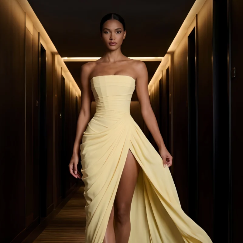 2026 Solid Color Strapless Backless Long Dress Elegant Ruched Waist Top High Slit Back Slim Fit Gown Formal Prom Party Outfit