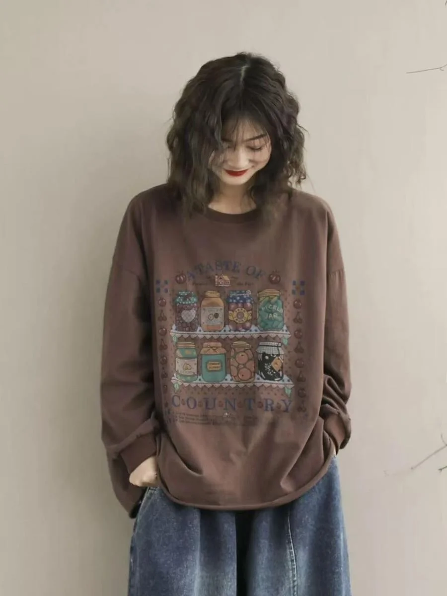 春夏の新スタイルコットンプリント長袖ラウンドネックレディースtシャツカジュアルルーズ3点セットファッショナブルなストリートウェア